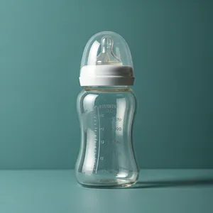 High-quality glass baby bottle with ergonomic design and natural nipple shape against clean studio background