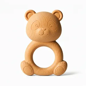 Natural rubber teething toy in the shape of a panda or animal, organic textures visible on white background