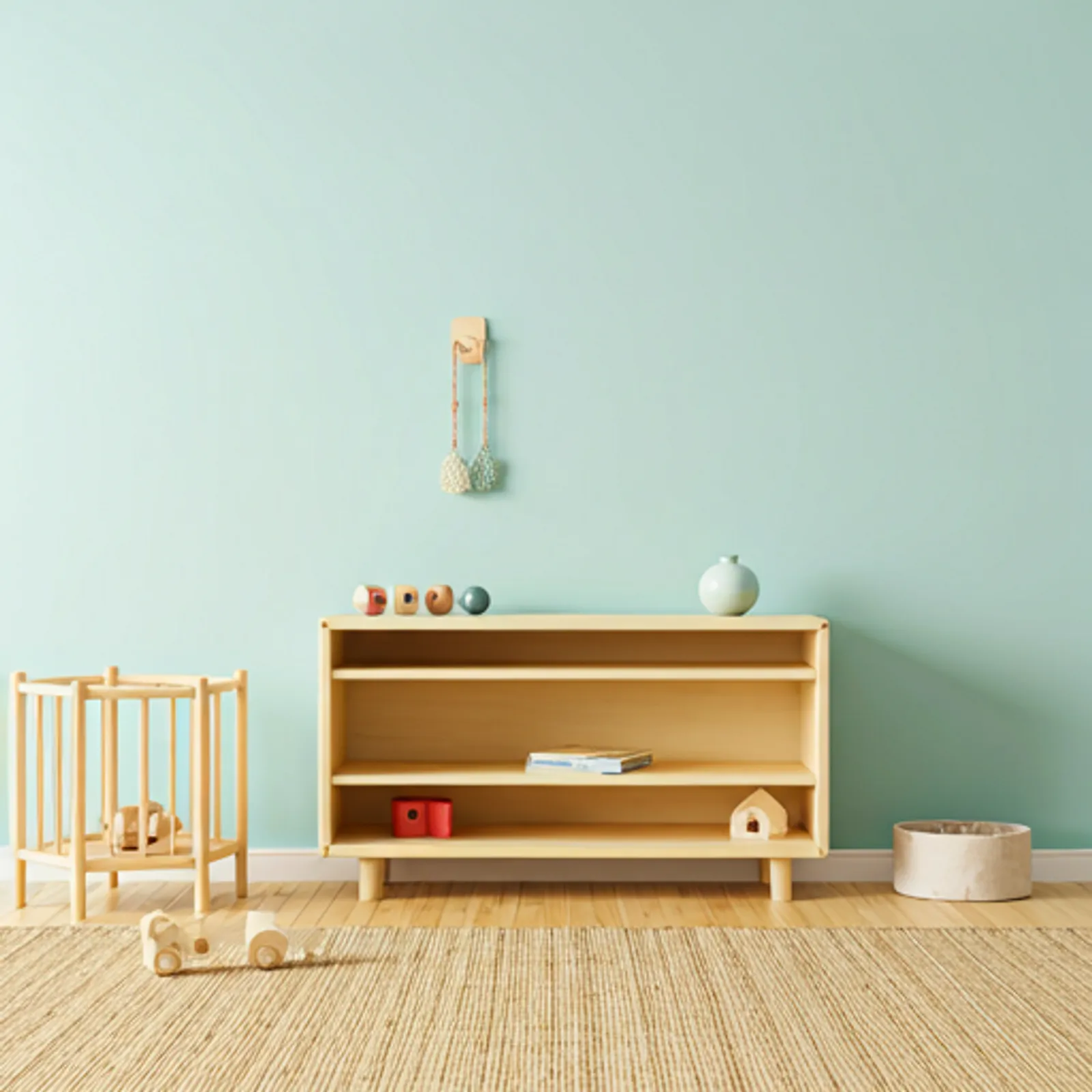 Wide shot of an impeccably designed child's bedroom featuring low wooden shelves, a floor bed, and soft neutral textiles in a bright airy room