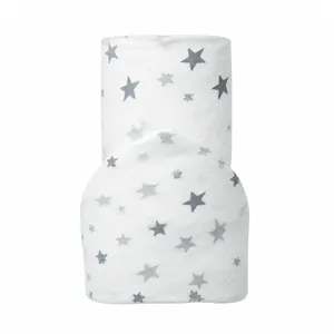 Pure white organic cotton baby swaddle with subtle grey stars pattern, high resolution textile detail